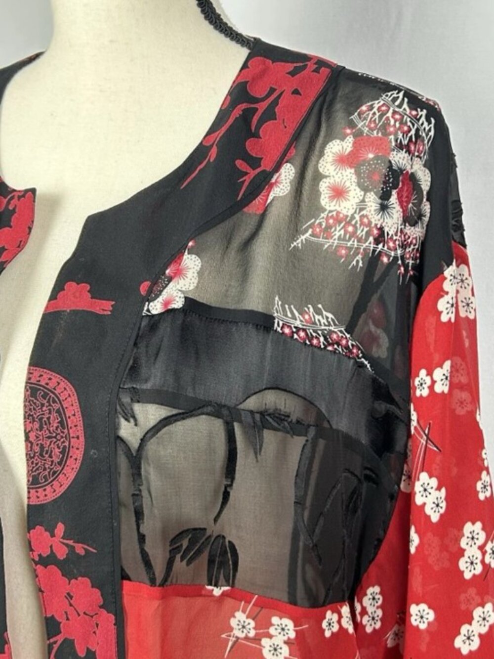 Chicos Silk Open Front Cardigan Kimono M Red Asian Inspired Shrug Sheer Dressy - Picture 5 of 11